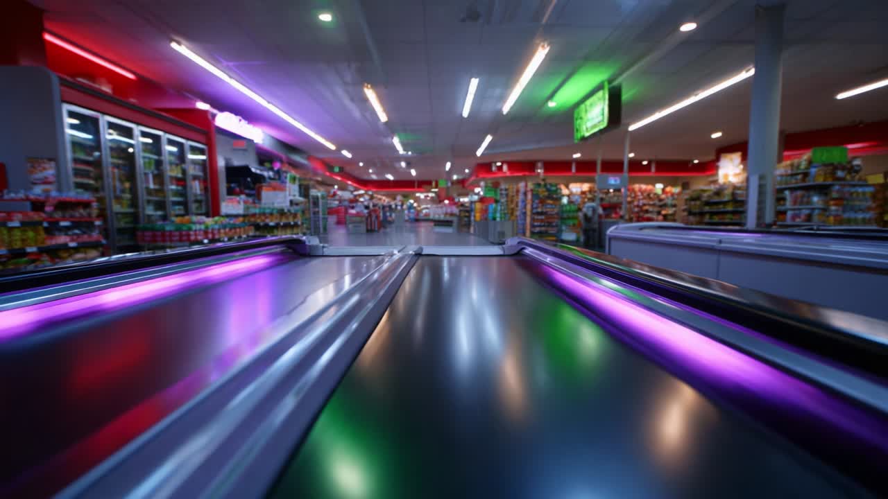 Una vivace corsia di un supermercato ripresa in movimento dalla prospettiva della cassa, che mostra espositori colorati, illuminazione a LED brillante e una vasta gamma di prodotti in un ampio ambiente di vendita al dettaglio