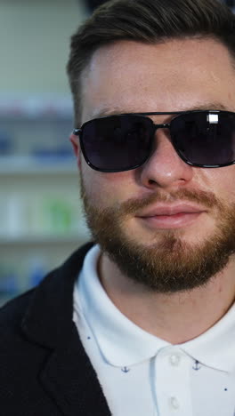 handsome man chooses fashion sunglasses in optics. wide assortment of modern eyewear in shop. vertical video