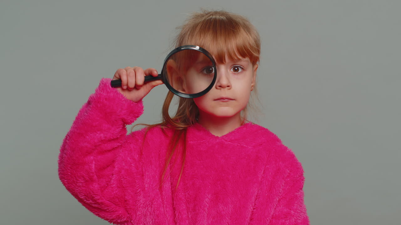 любопытный подросток девочка ребенок держит увеличительное стекло рядом с лицом смешной глаз поиск анализ