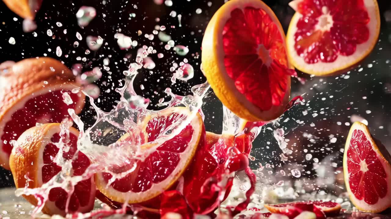 Grapefruit slices creating a vibrant explosion of juice and freshness against a dark backdrop, capturing the invigorating essence of citrus fruit