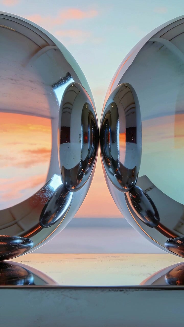 Video verticale: Due sfere cromate che reagiscono ai cambiamenti di luce su una base a specchio, con il cielo al tramonto