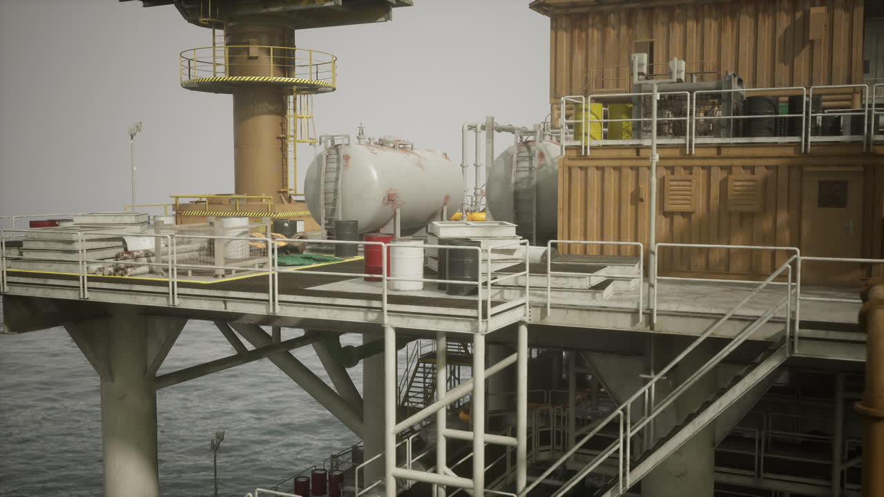 Olieplatform i havet med synlige lagertanke og produktionsudstyr