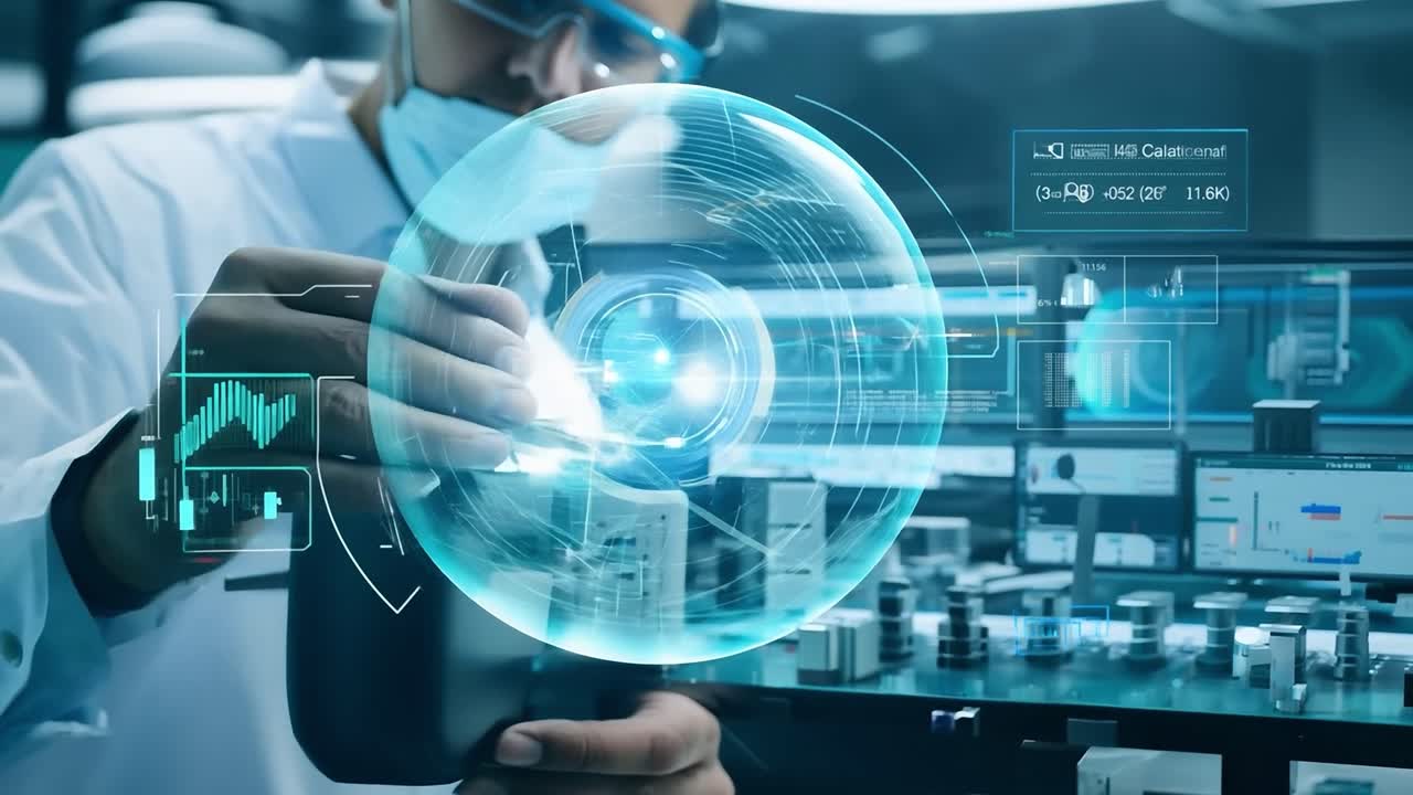 공장 환경에서 데이터와 기계의 홀로그램과 상호 작용하는 엔지니어