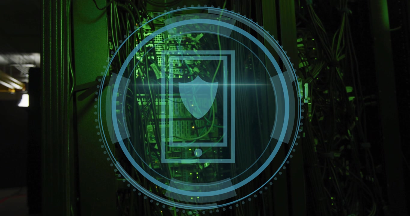 Starting 'Cyber Security' fading in, holographic rings expanding, scanning beam highlighting shield