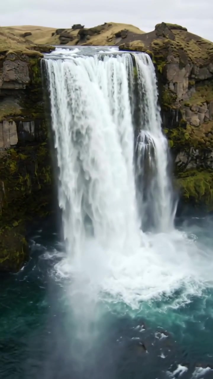 Video verticale: La telecamera panoramica mostra una cascata che si riversa da una scogliera di basalto, creando una pozza d'acqua.