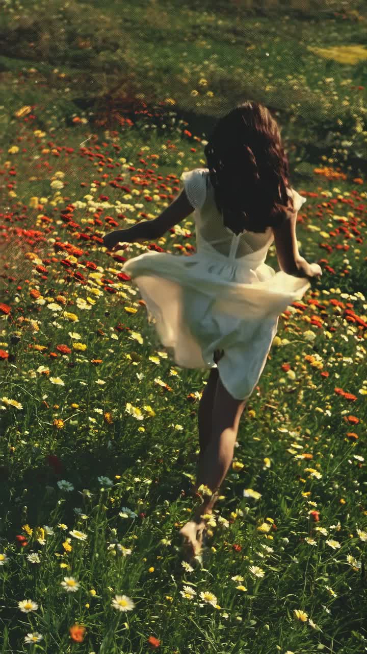 Aerial video of a woman in a white dress twirling joyfully in a vibrant flower field