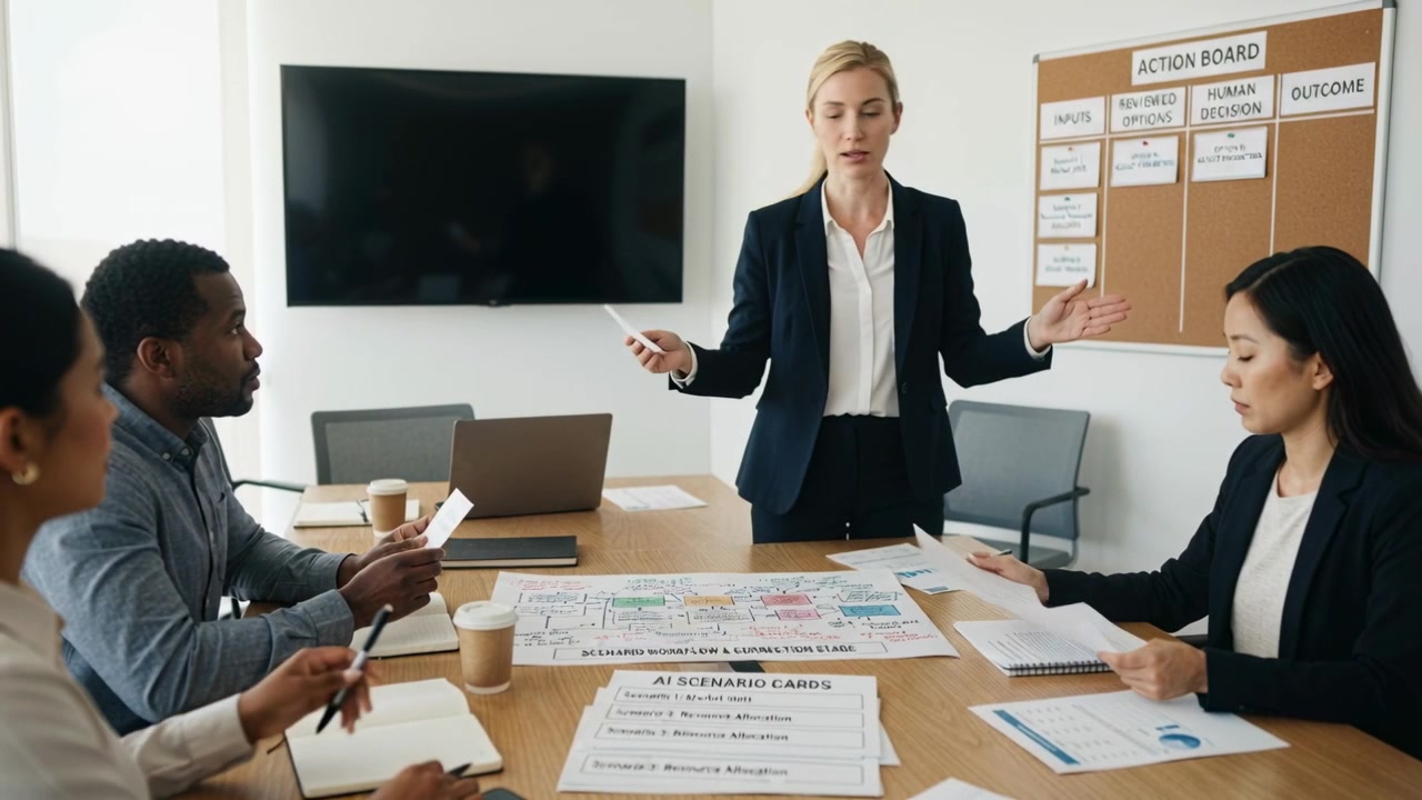 Starting meeting, pointing suit presenter guiding team in office, showing AI cards and Action Board