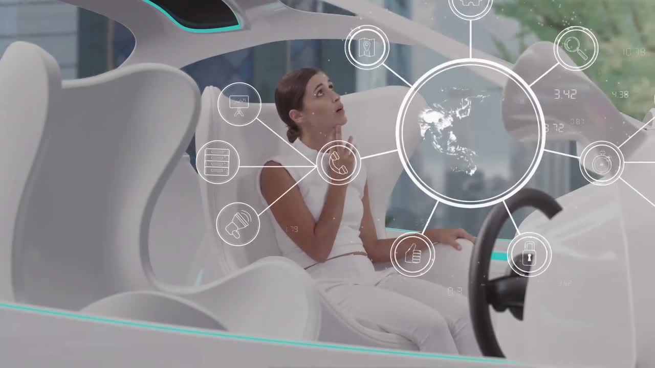 연결 아이콘의 네트워크와 함께 회전하는 지구의 디지털 구성 백인 여성 앉아