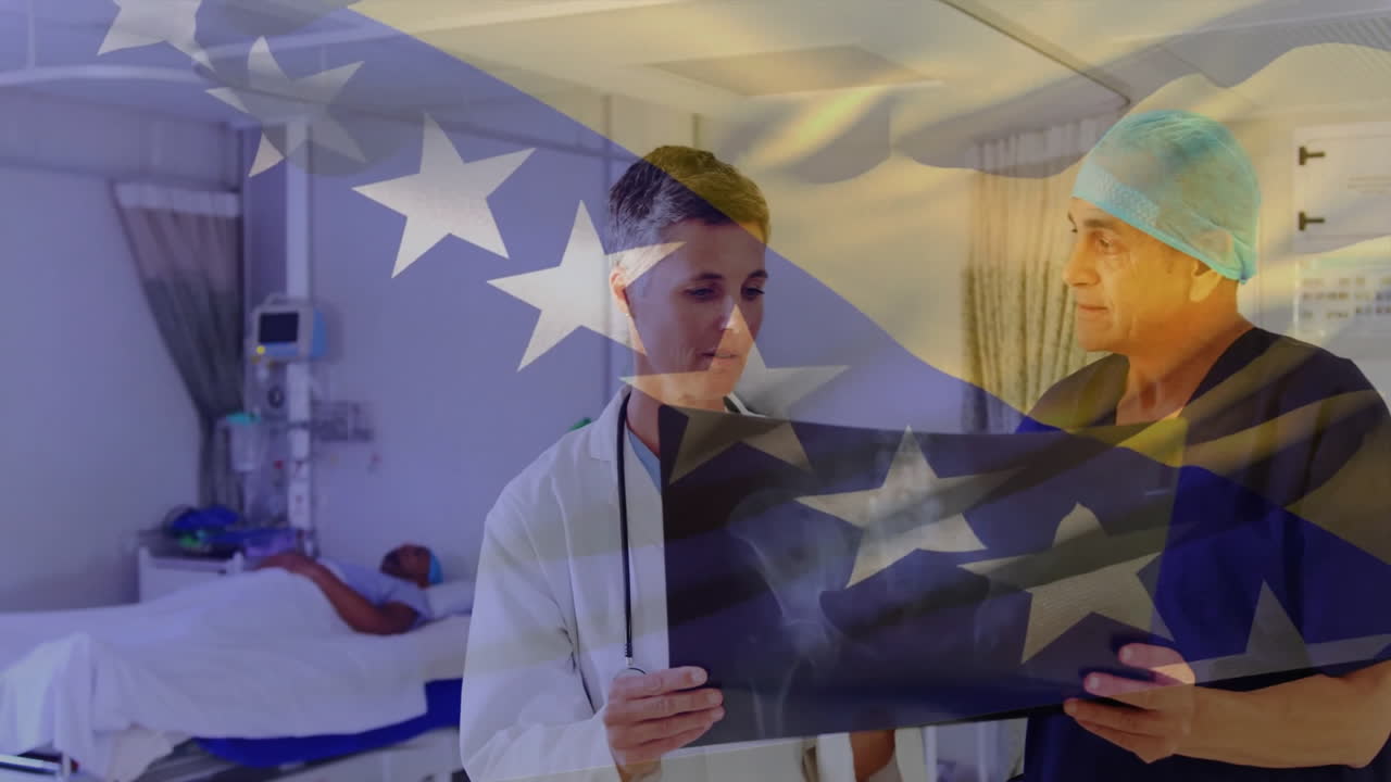 Medical doctors reviewing X?ray by hospital bed with IV pole, animated vital signs and flag overlay