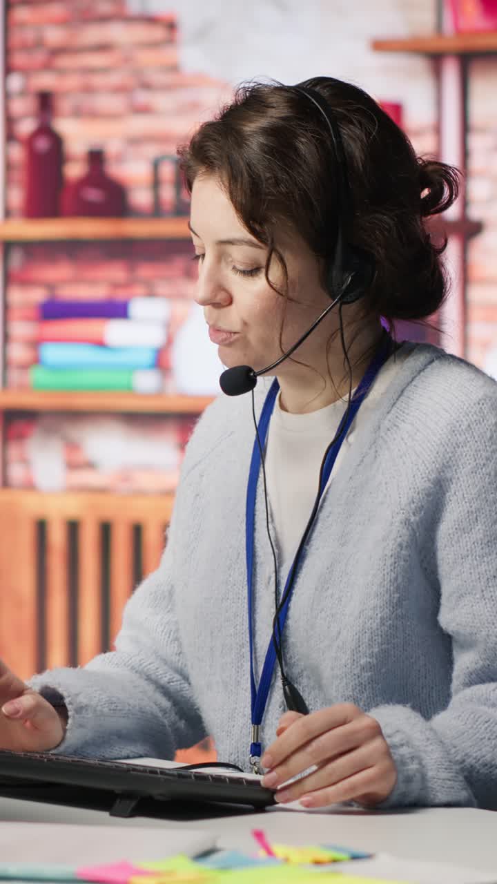 Vertical video Worker providing live chat support, typing on keyboard