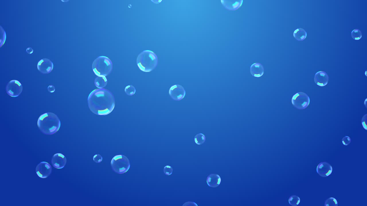 Beautiful water bubbles rising up loop 3d animation green screen sparkling water on white and blue