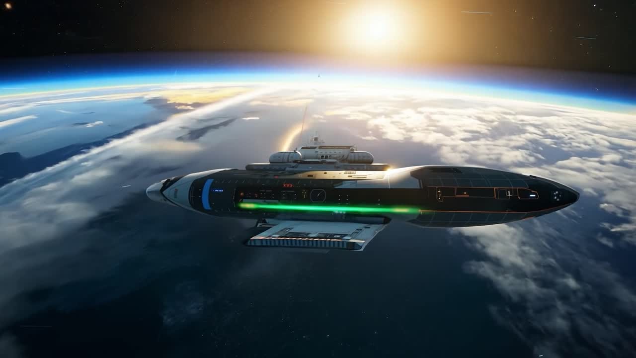 배경 에 해가 뜨는 모습 으로 지구 를 도 에 돌고 있는 우주선