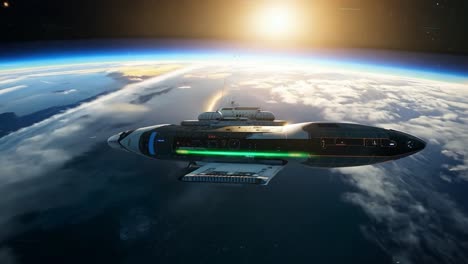 nave espacial en órbita alrededor de la tierra con un amanecer en el fondo