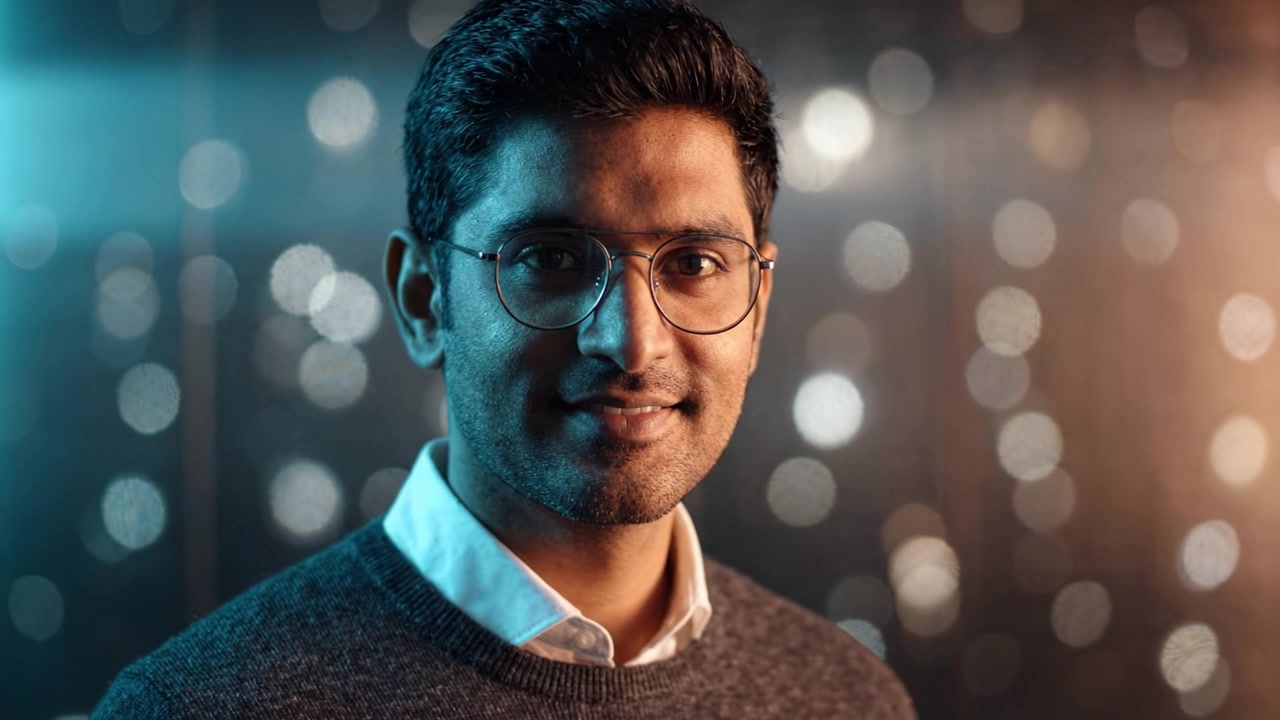Retrato de un hombre con gafas en un entorno con iluminación suave, mostrando una vista de medio rostro que transiciona a una sonrisa completa en un hermoso fondo de bokeh de luz