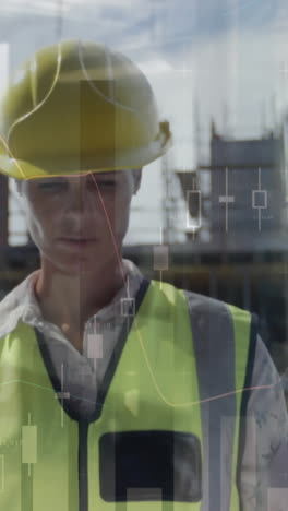 animation of statistics processing over female architect holding plans at construction site