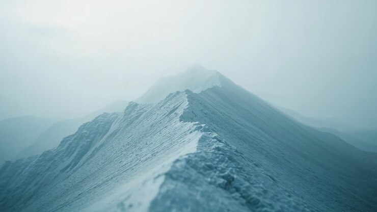 Starting camera sequence holding steady view on snow–covered ridge in alpine fog, showing isolation