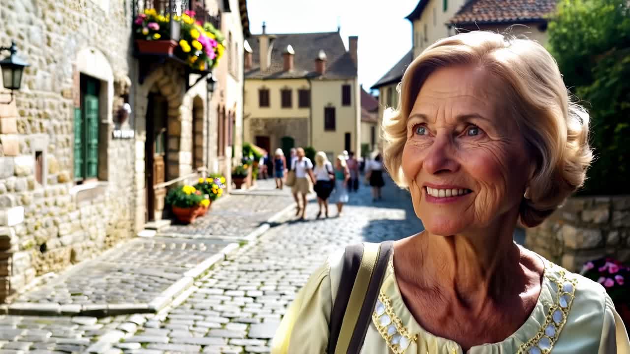 Older woman traveling through a medieval village, enjoying the vacations.