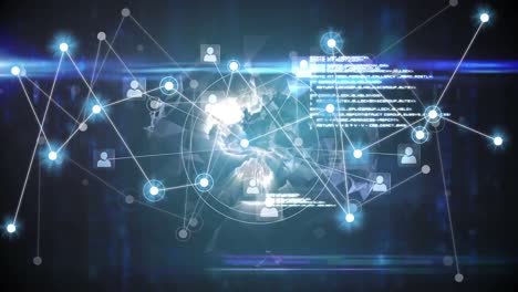 animation of network of connections with glowing spots over globe and data processing
