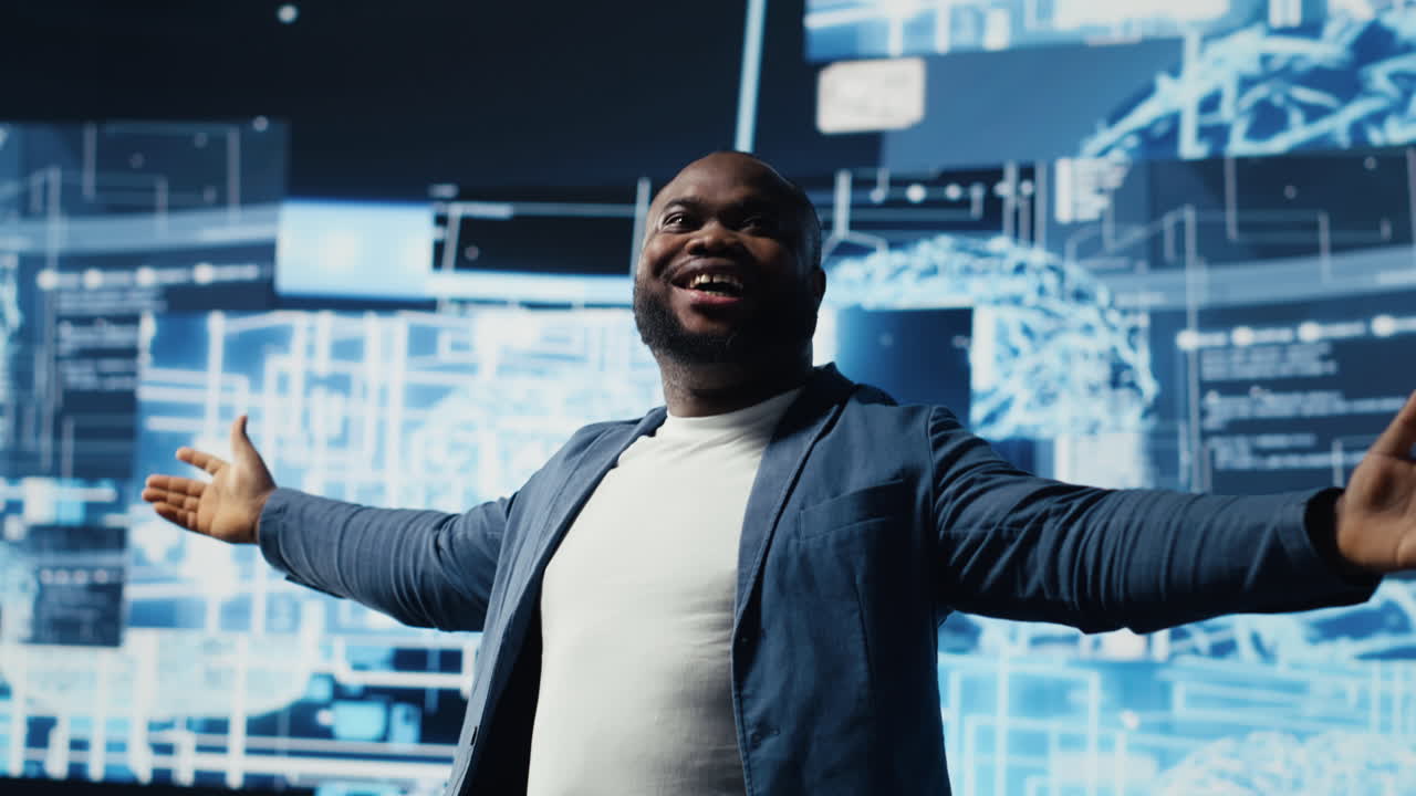 African american guy reviews smart tech AI systems to interact with cybernetics