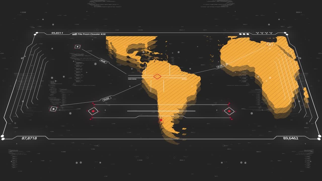 Una mappa cinematografica per briefing di intelligence sulla pirateria. Ottima per briefing di intelligence, missioni segrete, operazioni sotto copertura. Clip di 13 secondi di una mappa del mondo dell'America Latina. 30fps 4k.