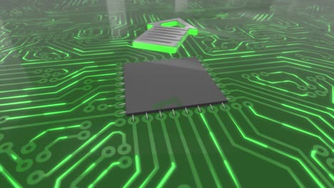 dark green rotating computer circuit board concept upload arrow loop 4k