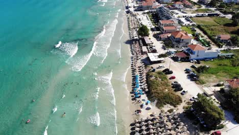 Beautiful-drone-aerial-Beach-from-Thassos-Grece-Crowded-Mountain