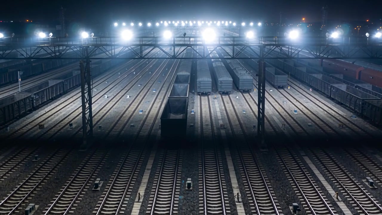Signal changing boxcar rolling along parallel tracks at night under gantry lights for yard sorting