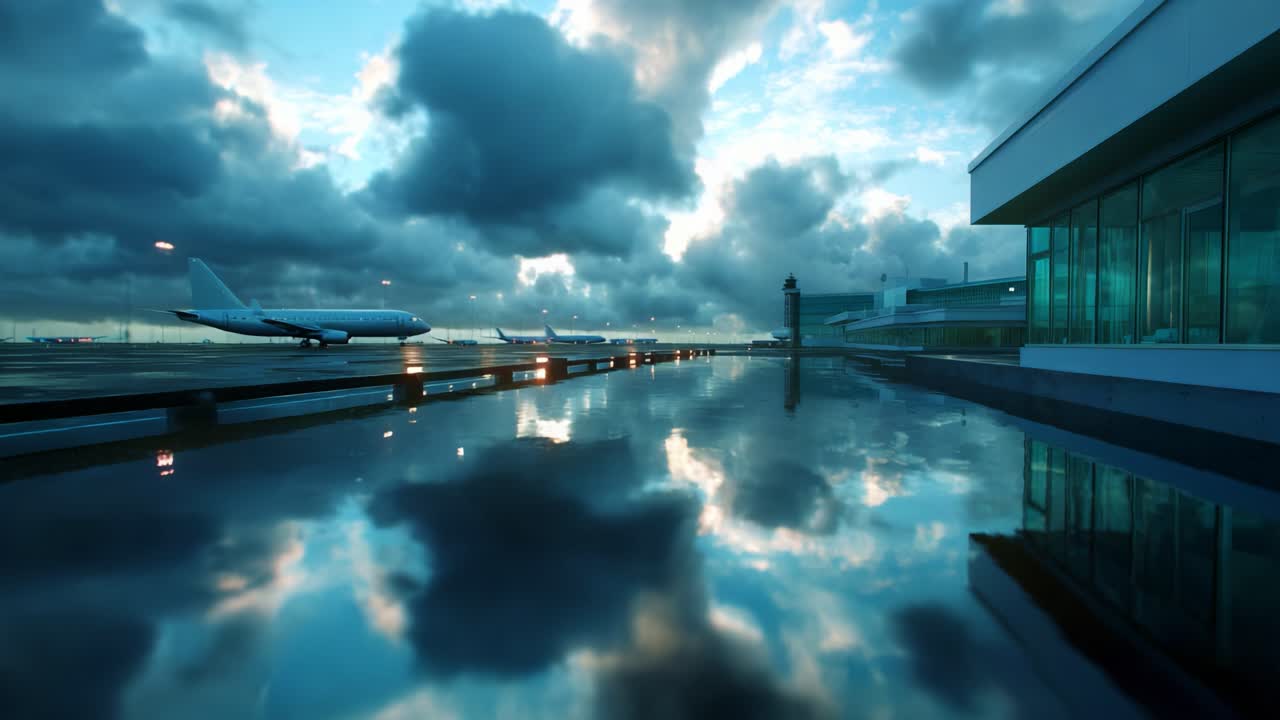 Serene Airport Landscape Captured at Dusk with Reflective Surfaces and Dramatic Cloud Cover Showcasing Planes and Modern Architecture in a Peaceful Atmosphere
