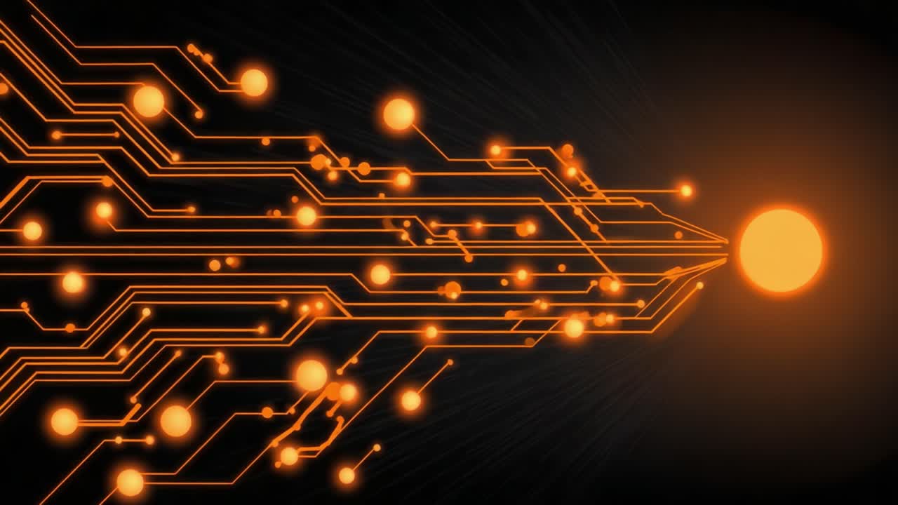 Dynamic Energy Flow: A Visual Representation of Circuitry and Digital Signals Converging Towards a Central Point of Light, Evoking Innovation and Technology Advancement