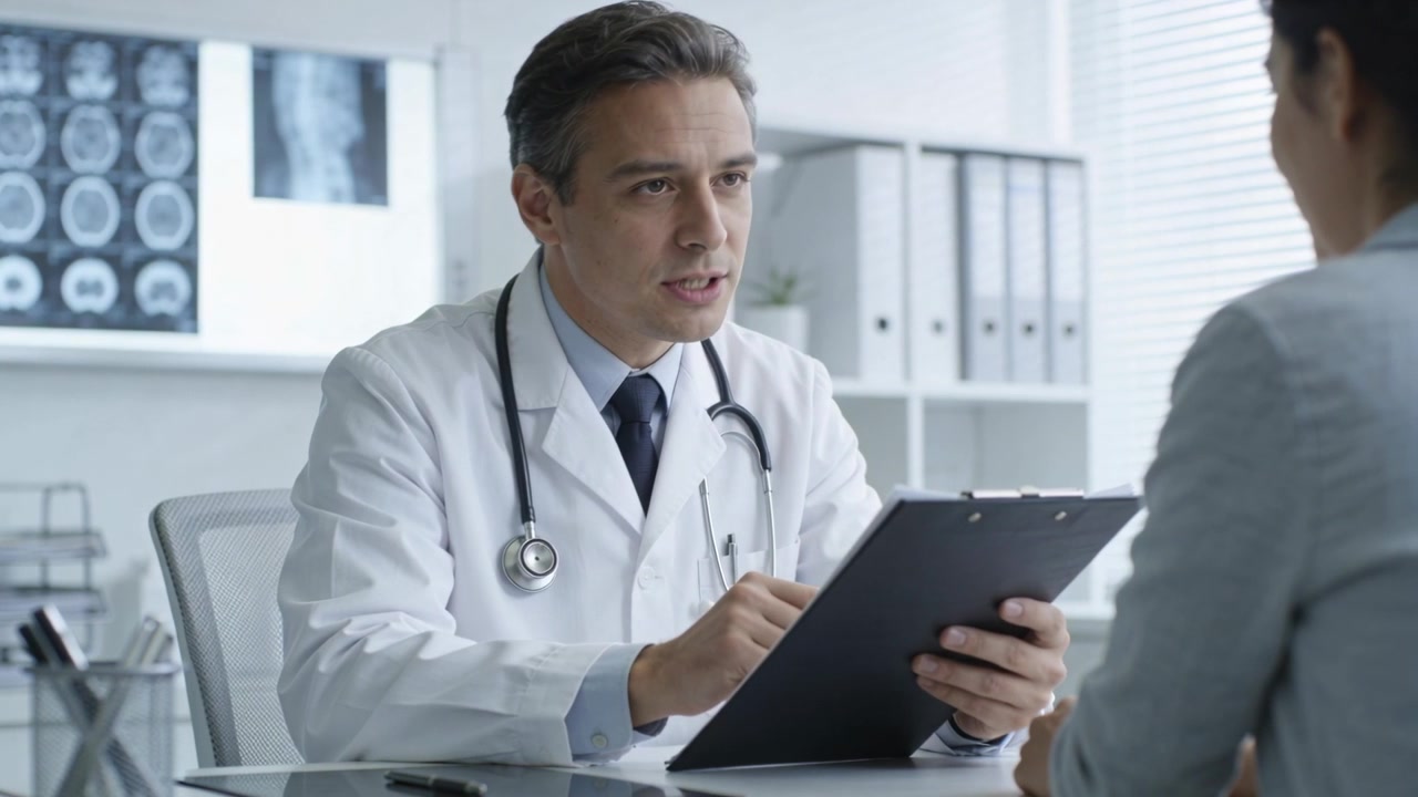 Reviewing scans, doctor in lab coat, stethoscope pointing at clipboard in clinic explaining results