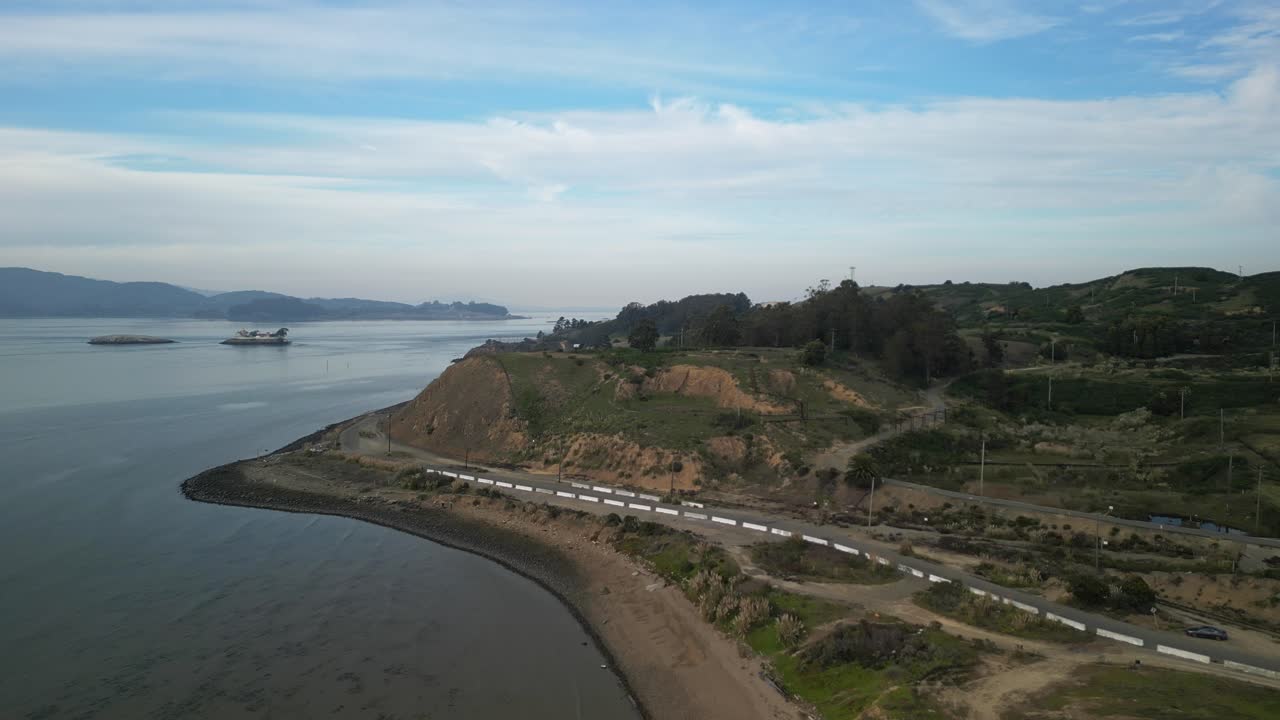 Wide aerial shot of Point Molate Beach, capturing the coastal beauty and rugged landscape of Richmond.