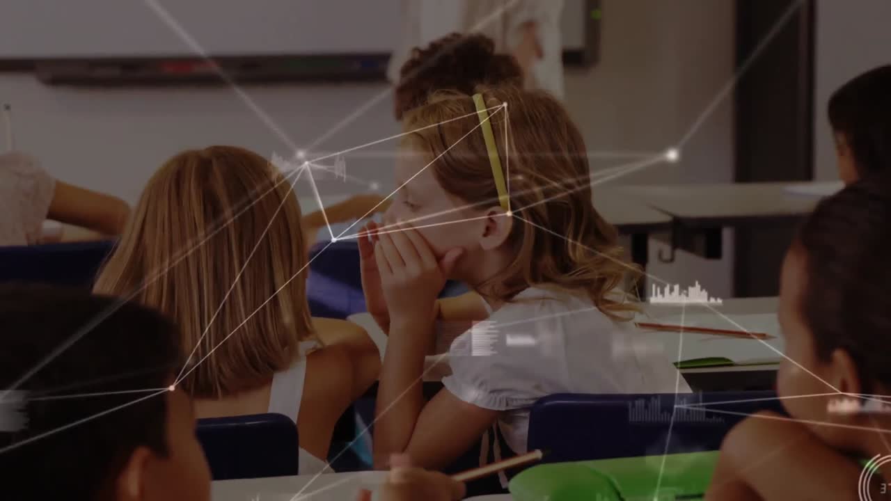 다양한 학교 학생들에 대한 데이터 처리에 대한 연결 네트워크의 애니메이션.