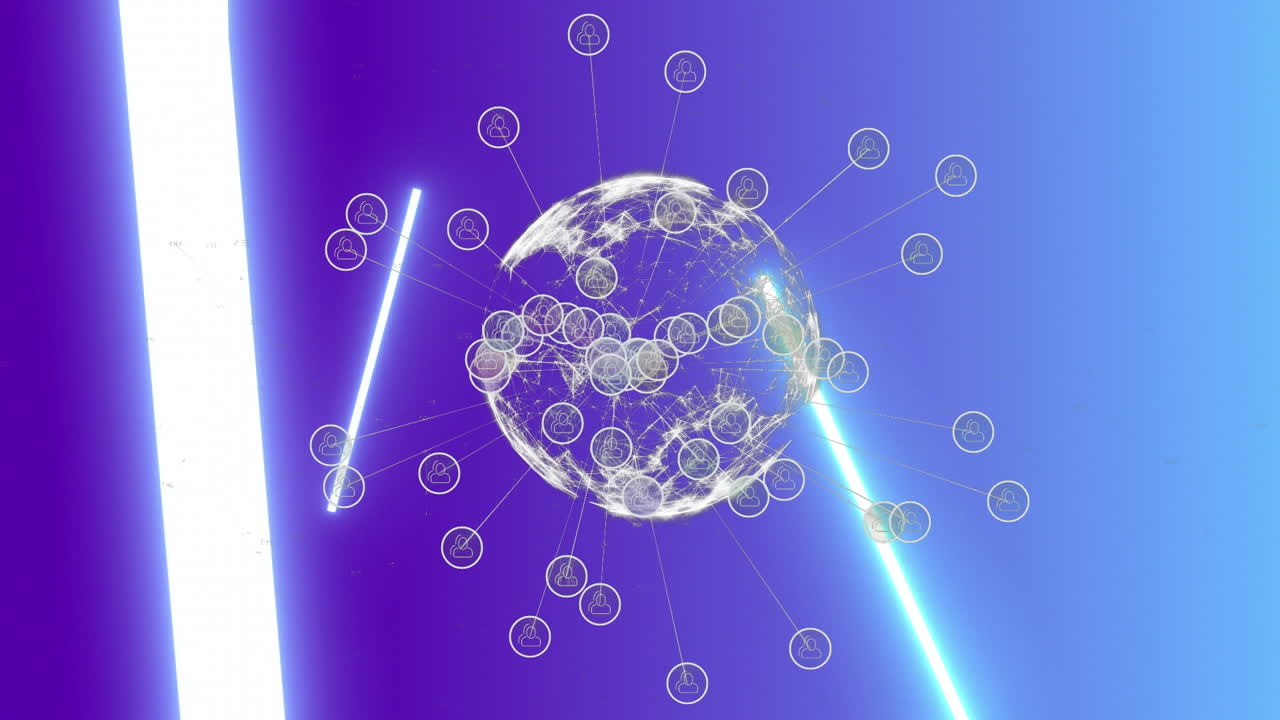 animación de conexiones y globo sobre fondo violeta con luces de neón