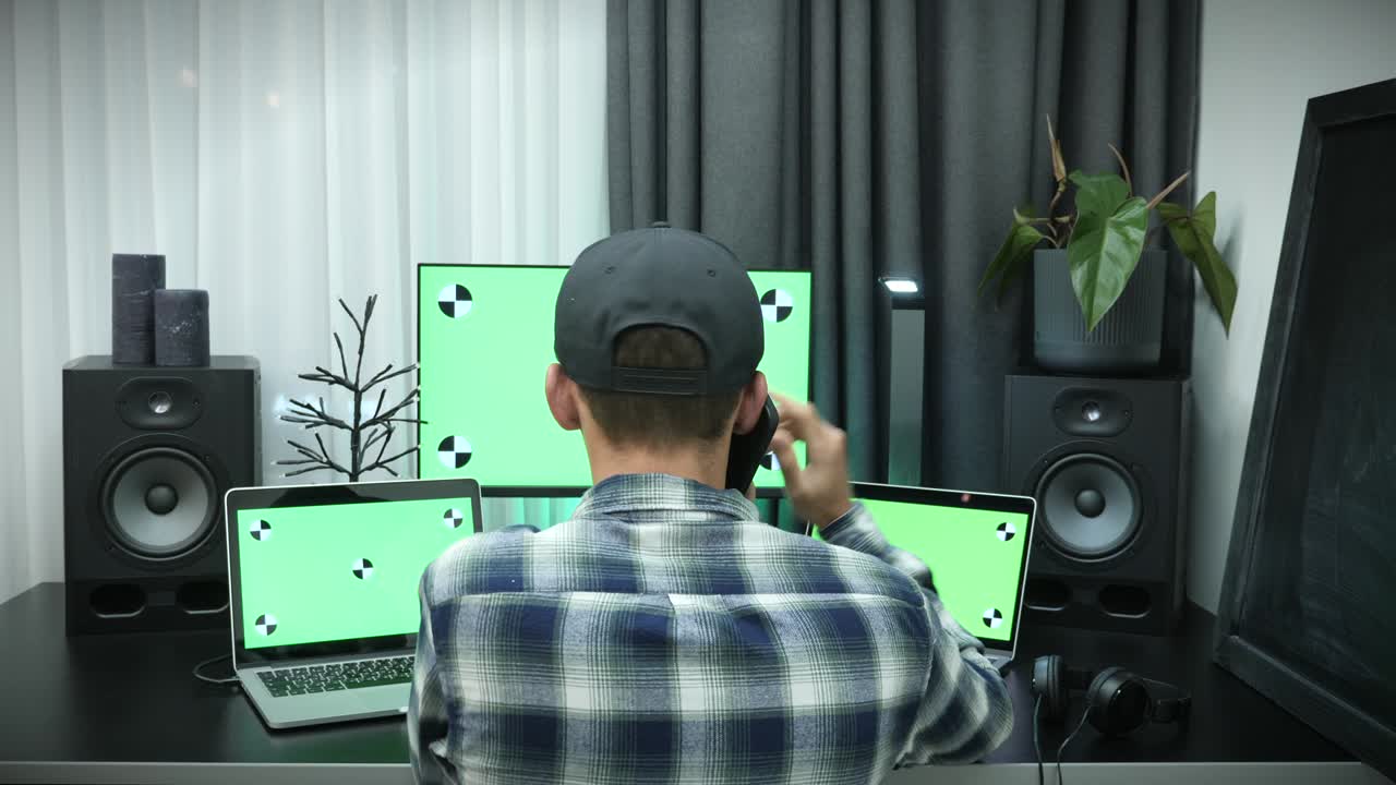 집에서 일하는 젊은 남성이 전화로 이야기하고, 비즈니스 파트너와 작업 과제를 논의하고, 녹색 크로마 키 스크린을 가진 노트북 컴퓨터에서 일합니다.