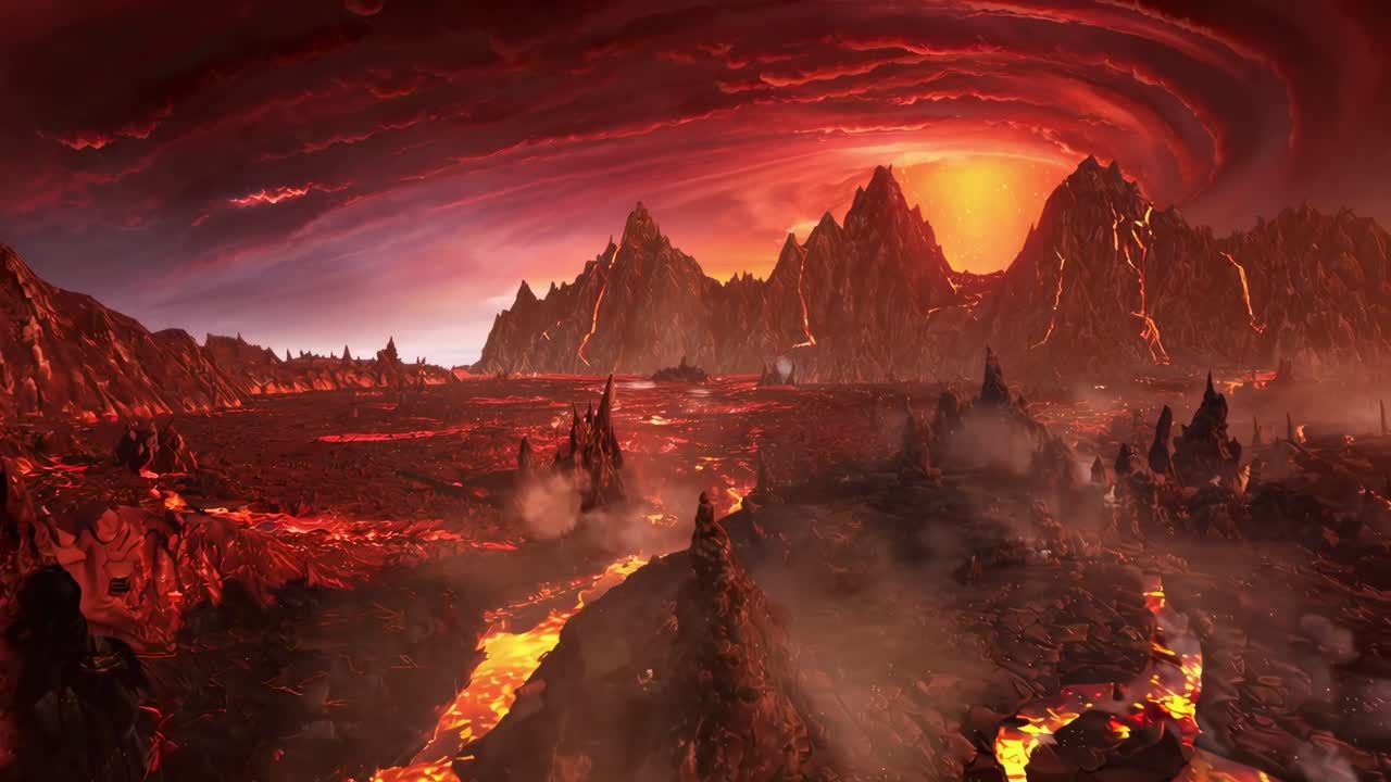 Luftaufnahme einer feurigen Vulkanlandschaft, perfekt für eine dramatische Fantasy-Videokulisse.