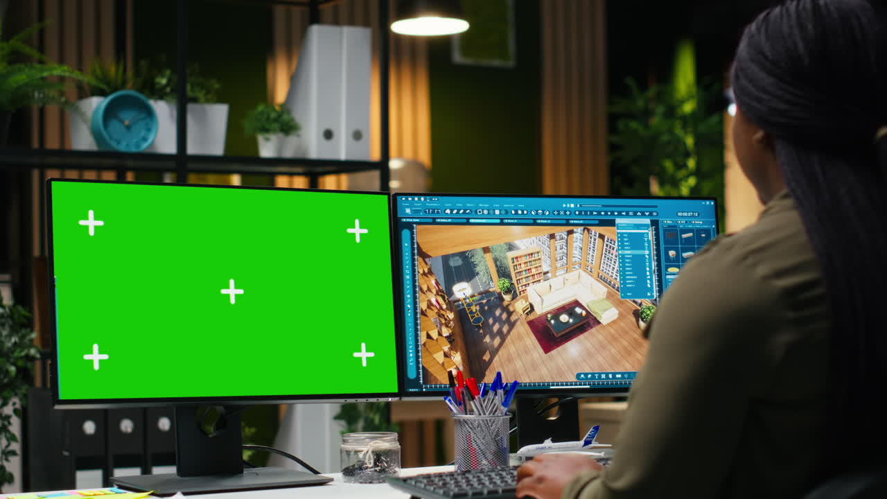 Isolated mockup and CAD software used by black female graphic designer