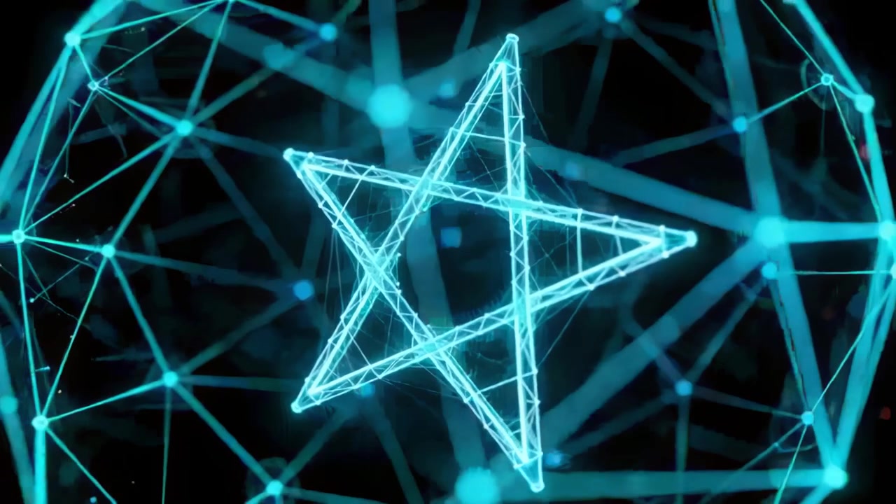Neon cyan stjerne starter rotation, roterer og vipper inde i et sfærisk netværk, der viser filamenter.
