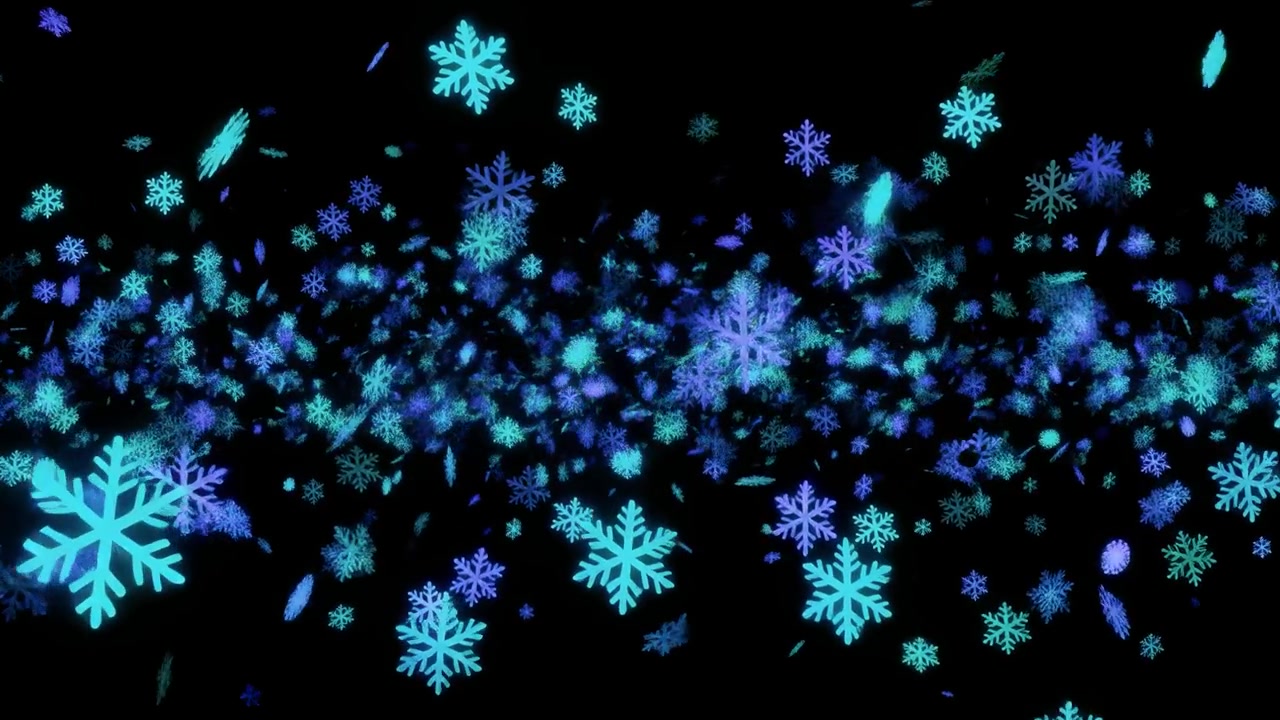 Blå glødende snøflak som faller mot en svart bakgrunn
