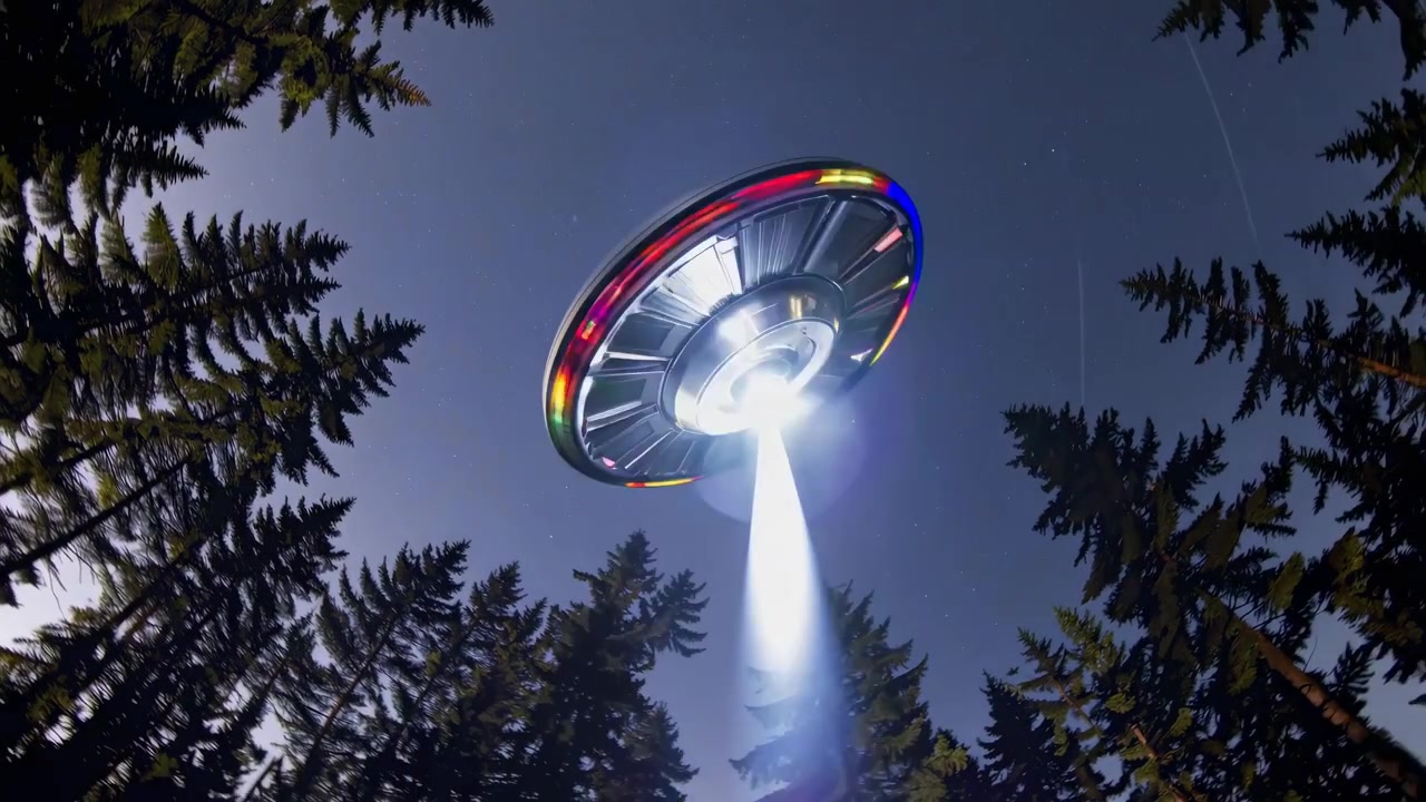 Flying Saucer with Colorful Lights Hovers in Starry Night Sky