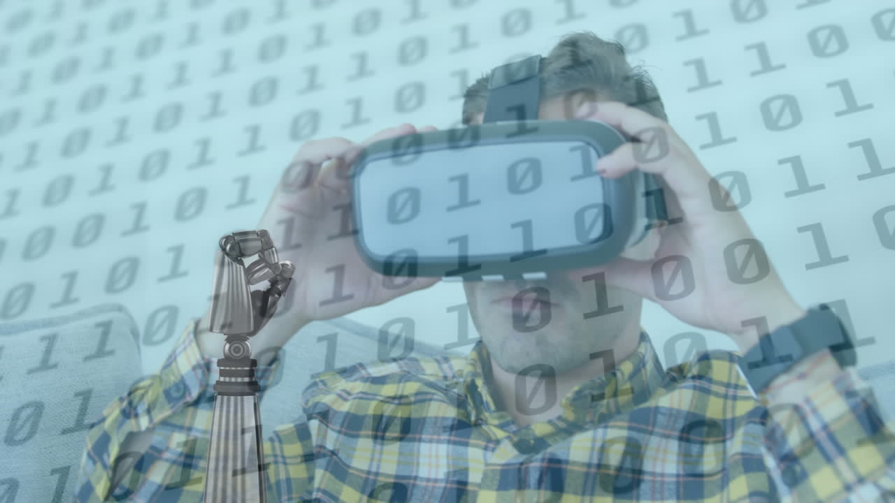 el video digital muestra códigos binarios en un robot y un hombre en vr, simbolizando la conectividad global.