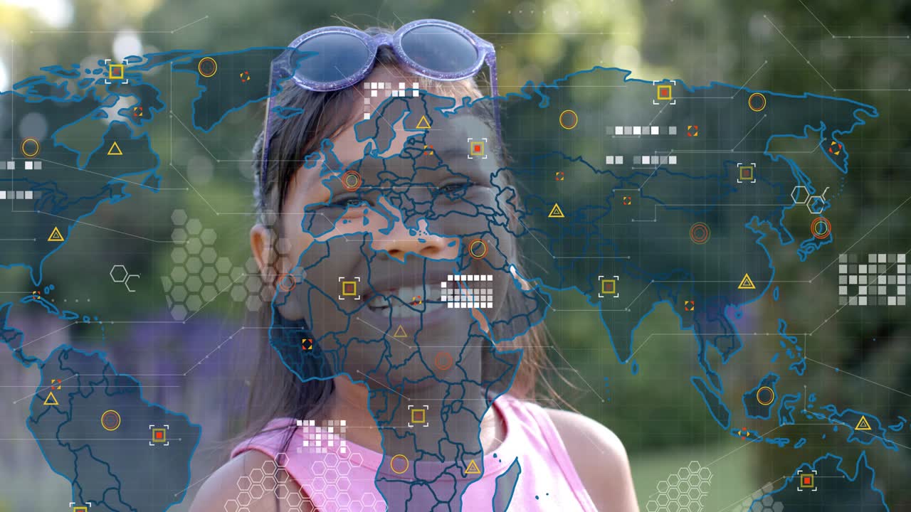 Girl smiling in sunlit garden while world map appearing, HUD overlaying visualizing data for tech