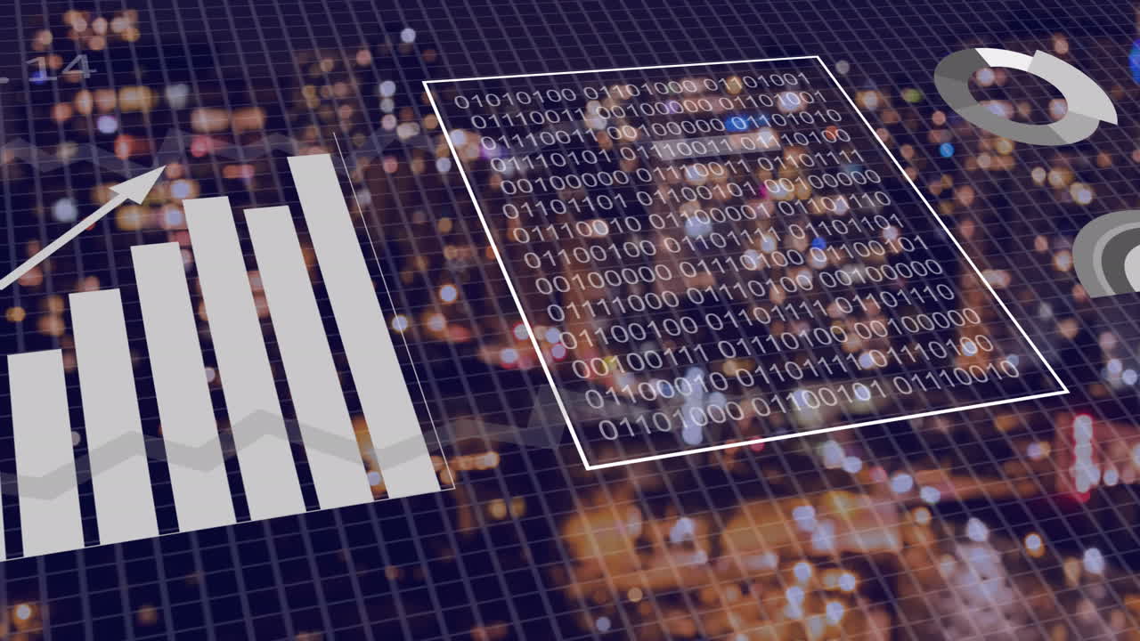 animación del procesamiento de datos financieros sobre el paisaje urbano
