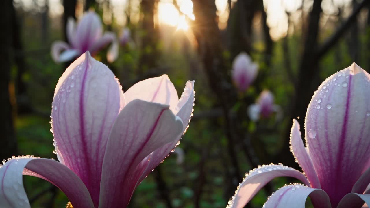 Nærbilde av duggdekkede magnoliablader ved soloppgang, fotografert i øyehøyde.