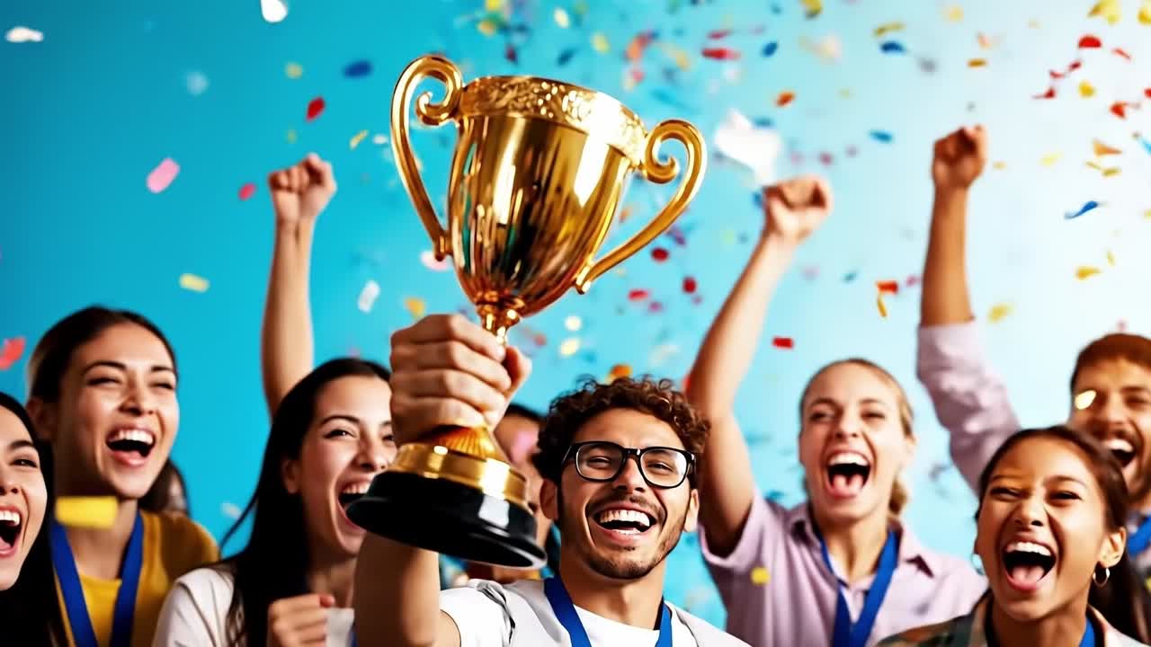 A group of people holding up a trophy in front of confetti