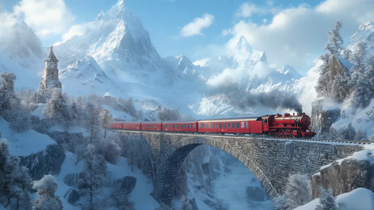 Red Steam Train Crossing a Snowy Mountain Bridge