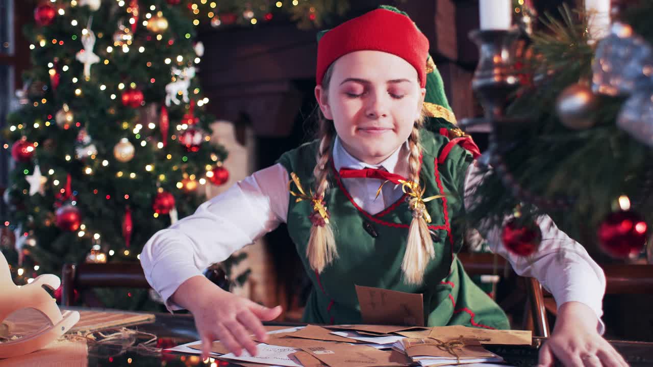 The girl falls asleep sitting at a table with letters in a room with New Year's decorations and a Christmas tree