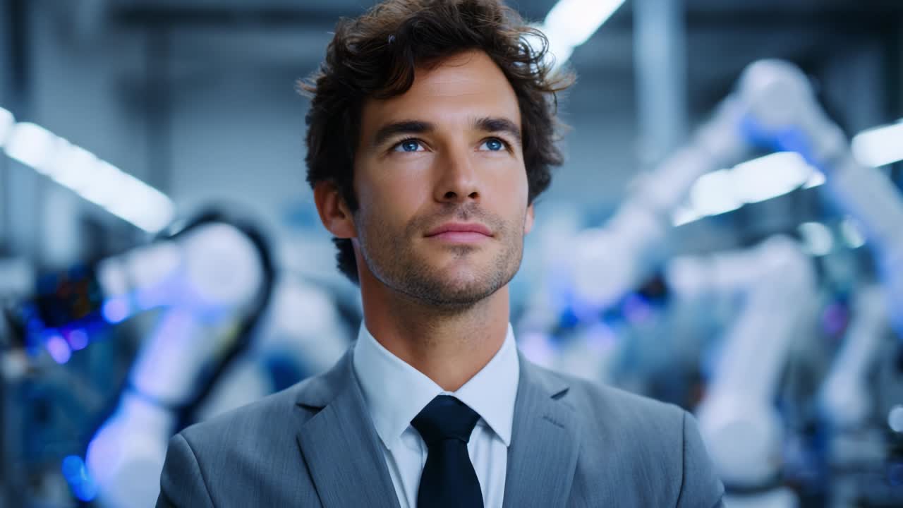 A focused professional in formal wear stands amidst advanced robotic technology, contemplating the future of automation and innovation within a modern industrial environment, showcasing human and machine interaction