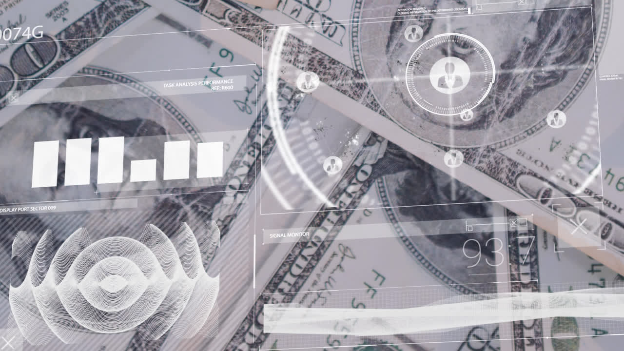 Animation of scope scanning and globe over man and warehouse