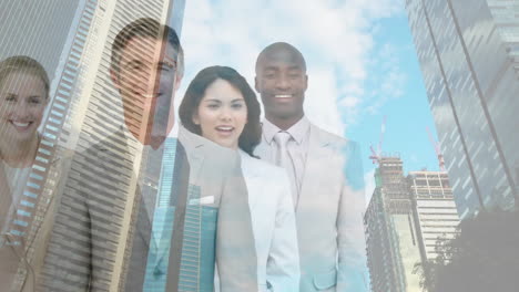 Animation-of-cityscape-over-happy-diverse-business-people-in-office