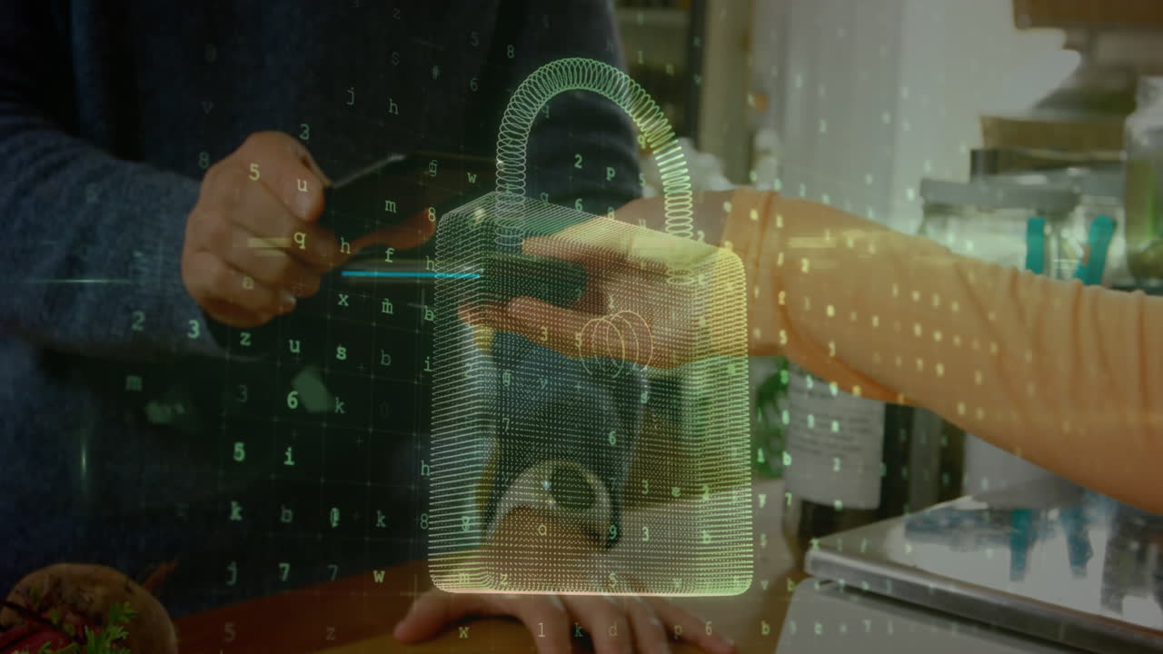 animación del candado de seguridad de la red sobre las personas que utilizan el terminal de pago